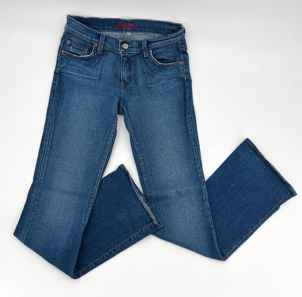 VINTAGE Express Jeans Womens 28 Blue Flare leg Mid wash Low Rise Made USA